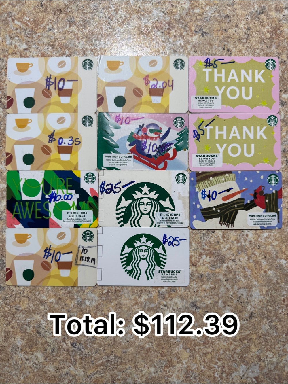 Lot of Starbucks Gift Cards - $112.39 total